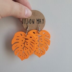 Willow May Neon Orange Leaf Wood Earrings